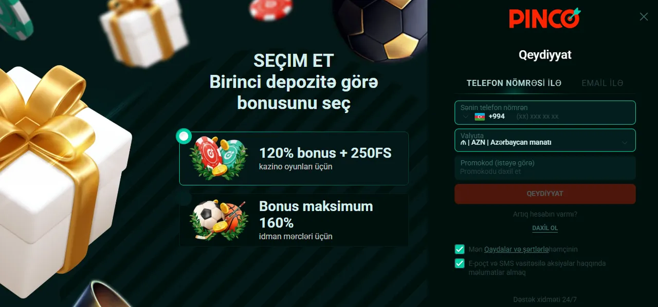 Pinco Azerbaycan yükle sonrası qeydiyyat və profilə daxil olma